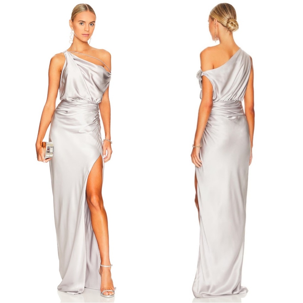 The Sei Draped Cowl Neck Strappy Ruched Silk Gown Size 8 NWT Platinum Metallic